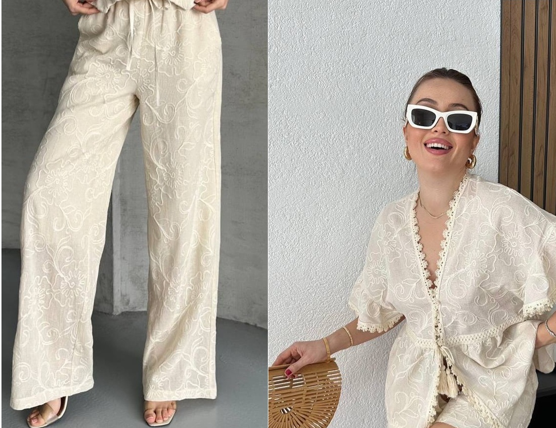 طقم بنطلون دانتيل قطعتين - متجر عالم آرڤا للملابس والهدايا طقم بنطلون دانتيل قطعتين