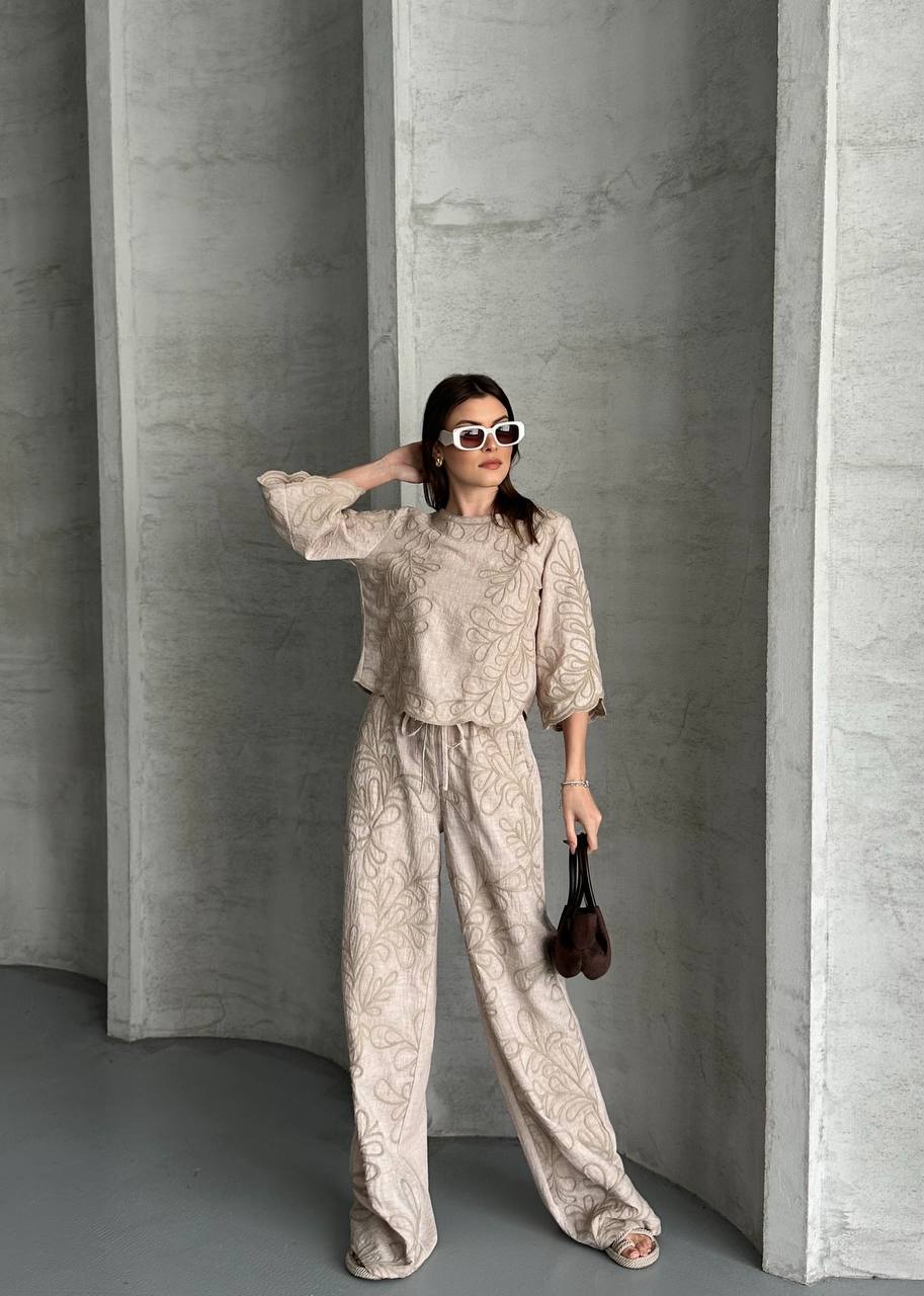 طقم بنطلون لينن 01 من ام اند تي - متجر عالم آرڤا للملابس والهدايا طقم بنطلون لينن 01 من ام اند تي